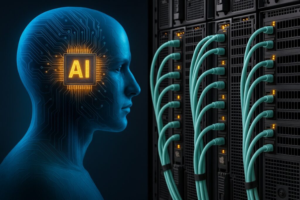 Illustration of an AI-powered human head connected to data center servers, representing high energy demand in artificial intelligence systems.