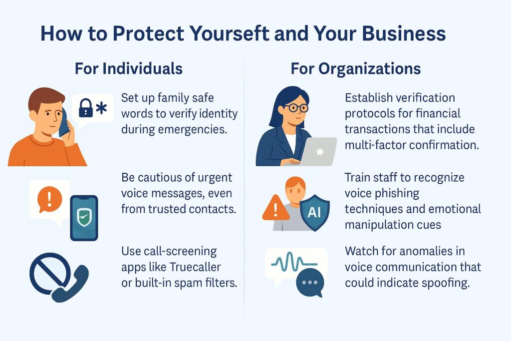 Infographic showing how to protect yourself and your business from AI voice phishing, with safety tips for individuals and organizations.