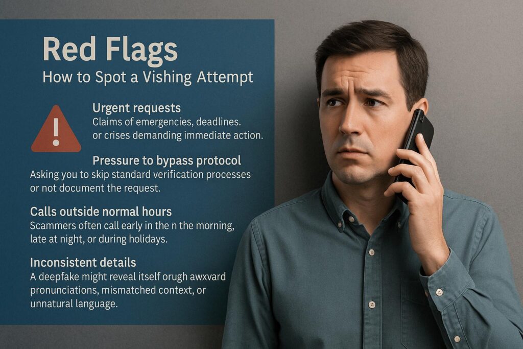 Man on phone reviewing warning signs of AI voice phishing, including urgent requests, protocol bypassing, late-night calls, and deepfake inconsistencies.