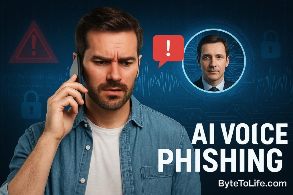 Worried man on phone receiving AI voice phishing scam with deepfake caller alert and cybersecurity background
