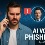 Worried man on phone receiving AI voice phishing scam with deepfake caller alert and cybersecurity background