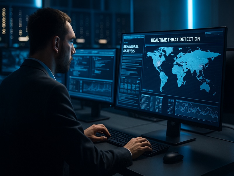 Cybersecurity analyst monitoring AI-powered threat detection systems in a control center, using real-time data to identify phishing and behavioral anomalies across global networks.