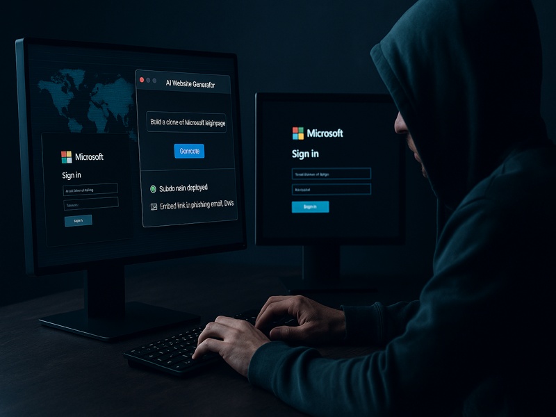 A hacker using AI website generator tools on dual monitors to create a phishing site mimicking Microsoft login, illustrating how cybercriminals exploit generative AI to scale phishing attacks.