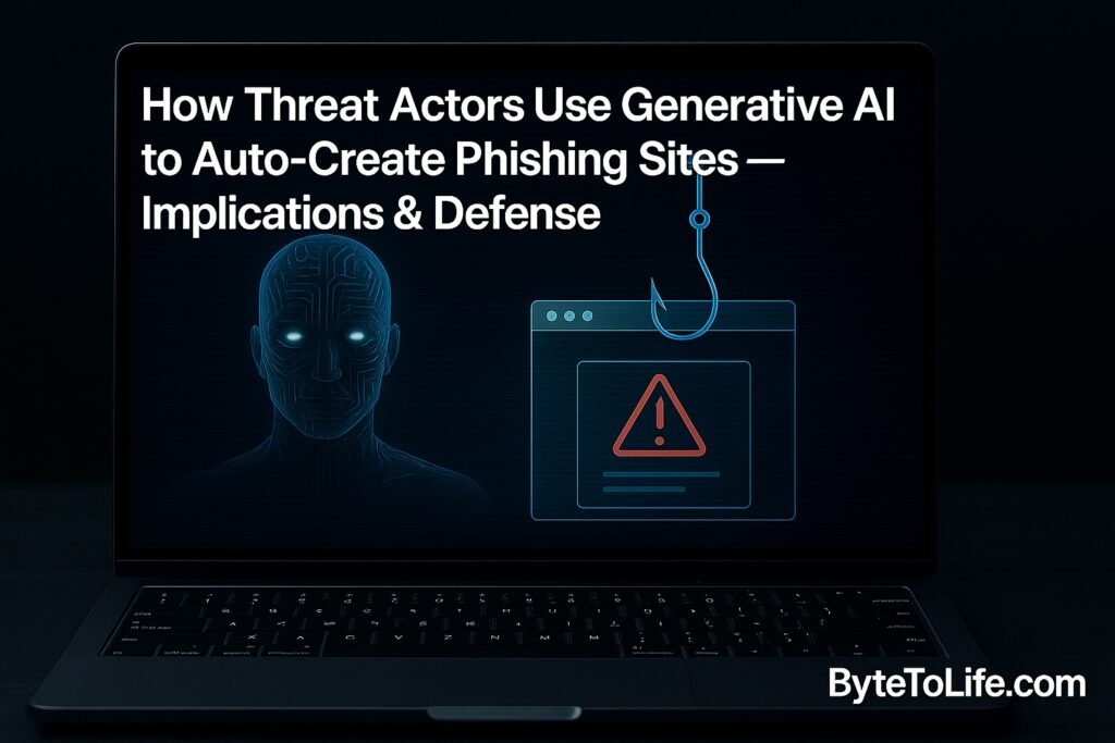A laptop screen showing a humanoid AI figure next to a phishing alert icon and hook, representing how cybercriminals use generative AI to create phishing sites, with ByteToLife.com branding in the corner.