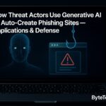 A laptop screen showing a humanoid AI figure next to a phishing alert icon and hook, representing how cybercriminals use generative AI to create phishing sites, with ByteToLife.com branding in the corner.
