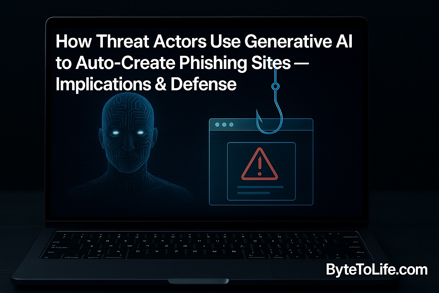 A laptop screen showing a humanoid AI figure next to a phishing alert icon and hook, representing how cybercriminals use generative AI to create phishing sites, with ByteToLife.com branding in the corner.
