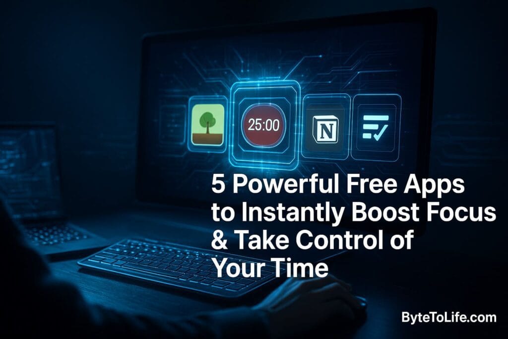 Futuristic high-tech workspace showing holographic icons of Forest, Notion, Pomodoro, and productivity apps to illustrate focus and time-management tools.
