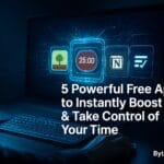 Futuristic high-tech workspace showing holographic icons of Forest, Notion, Pomodoro, and productivity apps to illustrate focus and time-management tools.