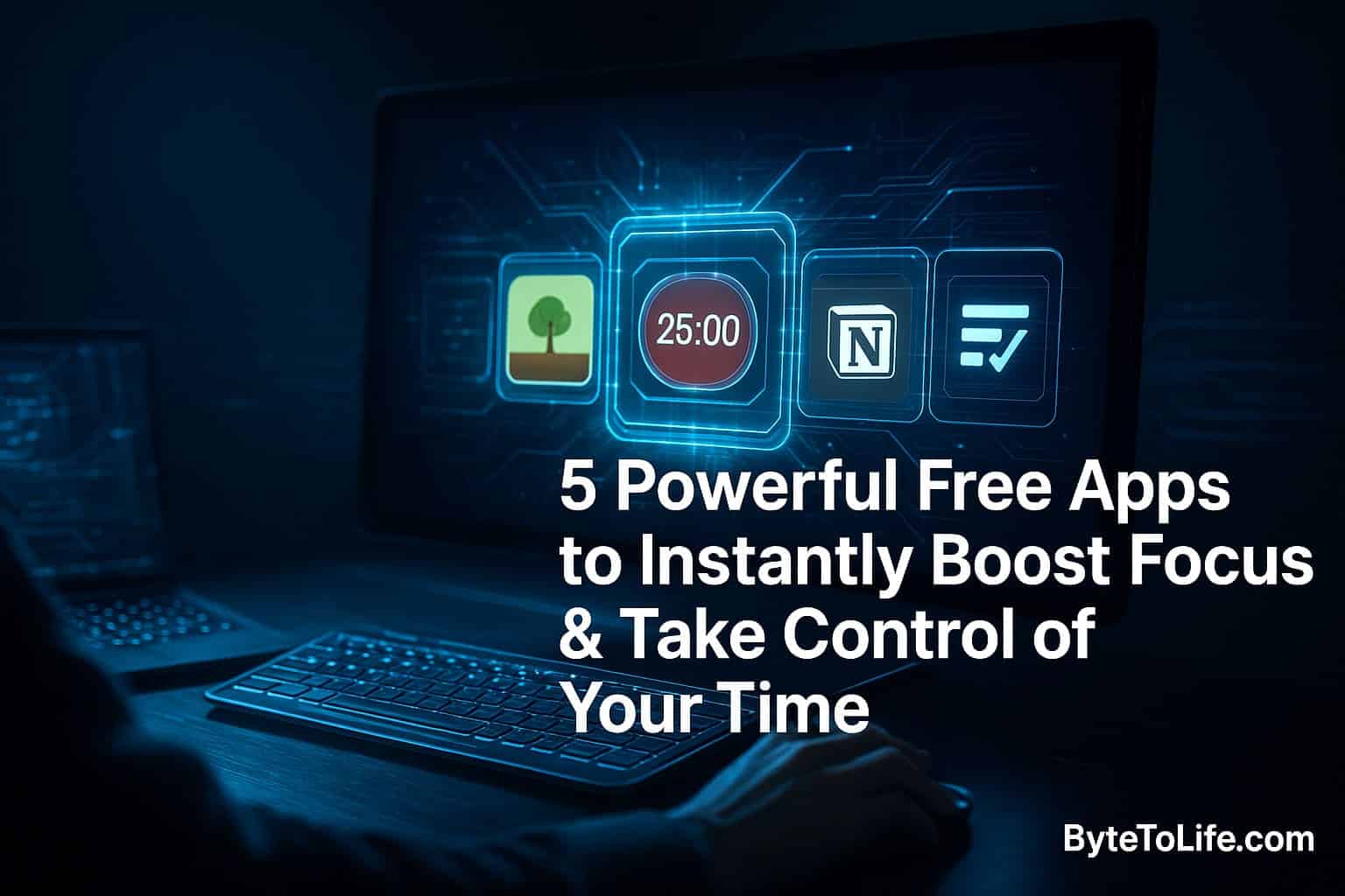 Futuristic high-tech workspace showing holographic icons of Forest, Notion, Pomodoro, and productivity apps to illustrate focus and time-management tools.
