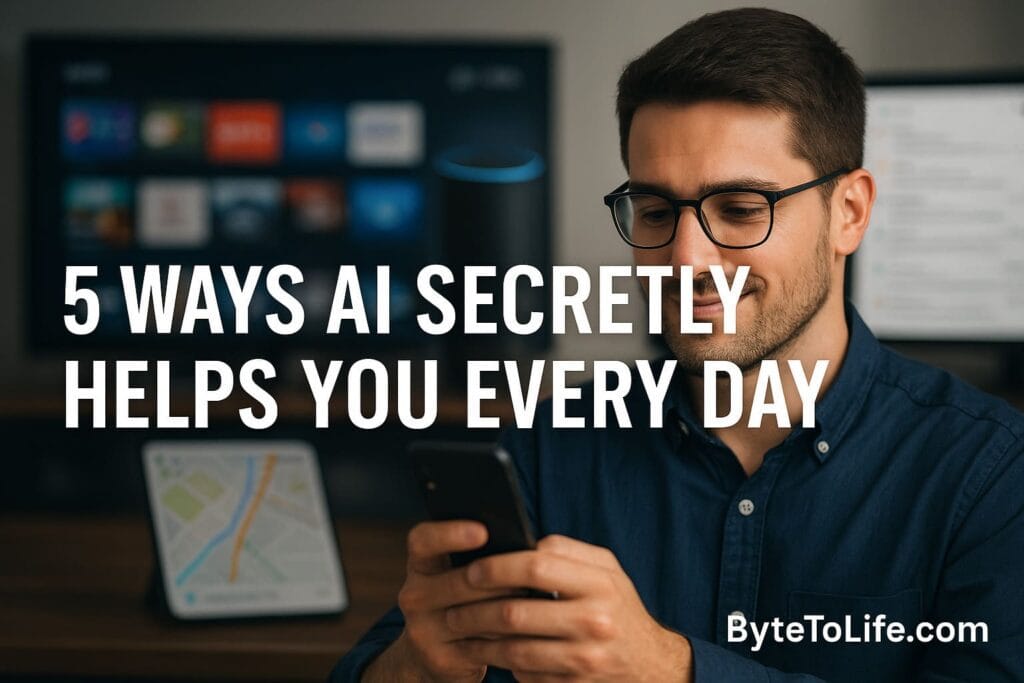 A man using a smartphone surrounded by AI-powered tools, representing how artificial intelligence helps people in daily life.