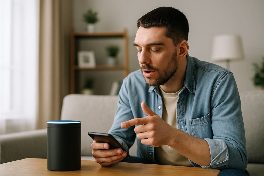 A man using a smart voice assistant at home while holding his smartphone, demonstrating how AI simplifies daily tasks.