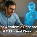A realistic photo of an AI hologram assisting a researcher in a modern academic workspace, symbolizing ethical and efficient AI-supported research workflows.