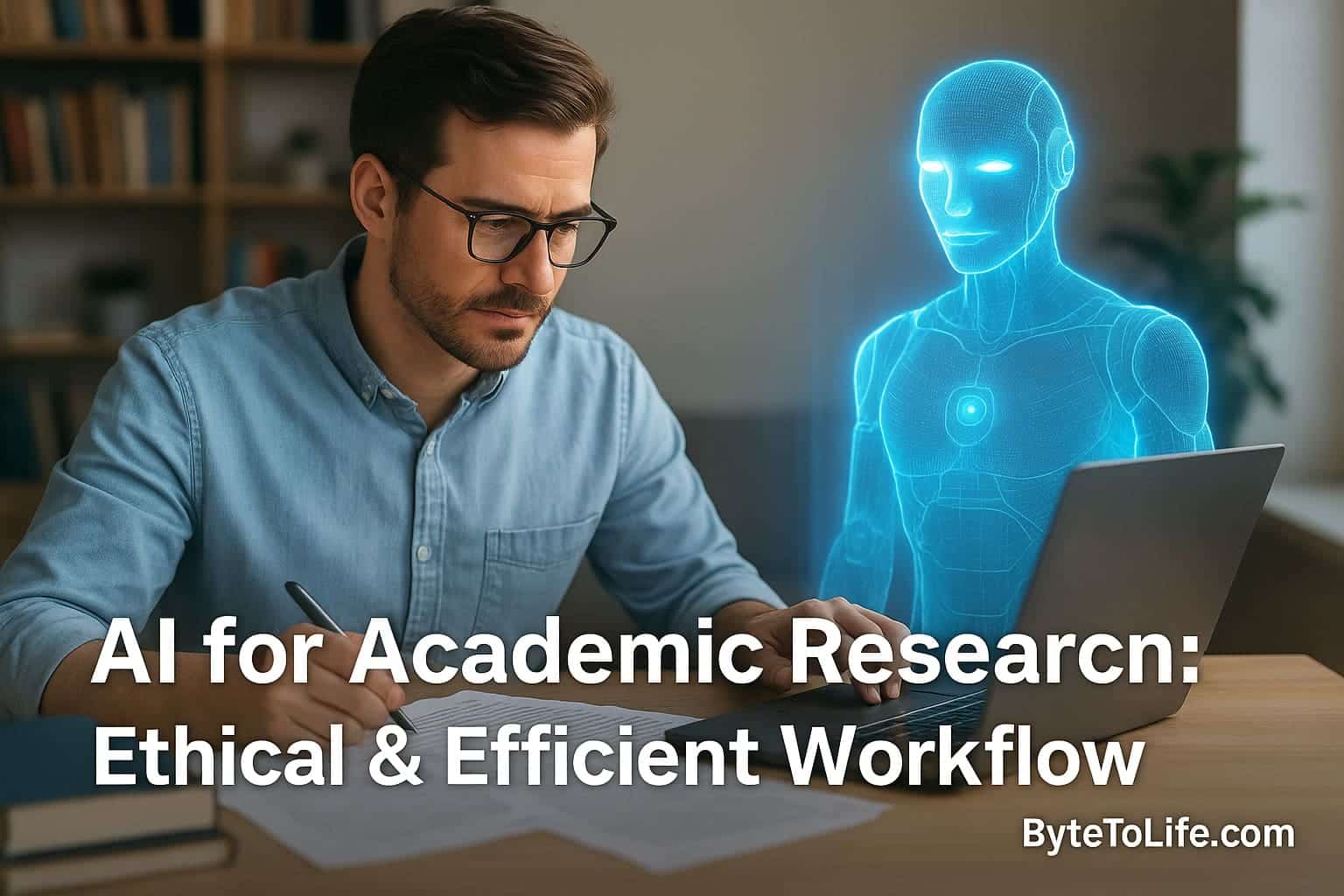 A realistic photo of an AI hologram assisting a researcher in a modern academic workspace, symbolizing ethical and efficient AI-supported research workflows.