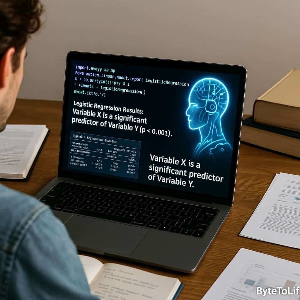 A researcher analyzing statistical results on a laptop while an AI hologram provides guidance, representing AI-assisted quantitative and qualitative data analysis.