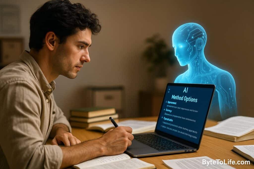 A researcher reviewing AI-generated methodology options on a laptop while interacting with a holographic AI assistant, representing collaborative planning of research design and instruments.