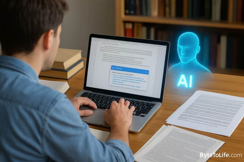 A researcher reviewing citation details and plagiarism reports on a laptop while an AI hologram assists, illustrating AI-supported reference management and originality checking.