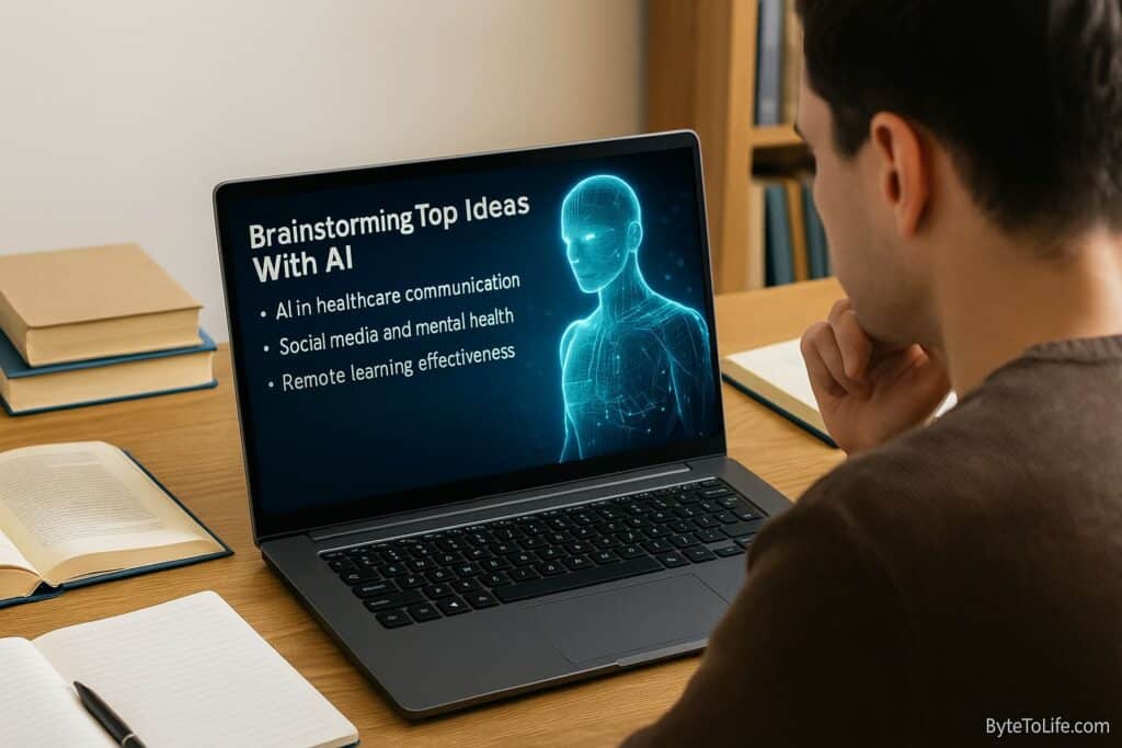 A researcher brainstorming research topics on a laptop while viewing AI-generated suggestions, representing how AI helps refine topic ideas and research questions.