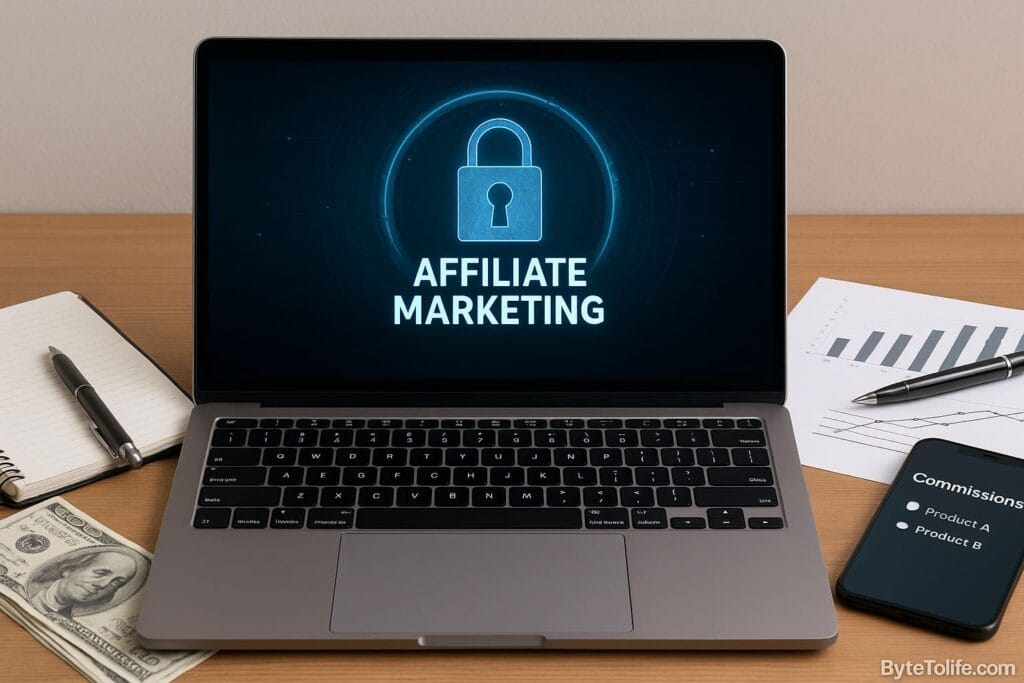 A realistic cybersecurity-themed workspace showing a laptop with secure affiliate link visuals, representing safe and effective affiliate marketing practices.