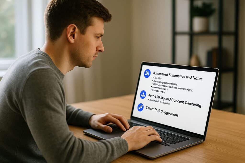 A realistic workspace scene showing a man using an AI-powered system that automates summaries, links ideas, and provides smart task suggestions, representing advanced automations in a Second Brain.