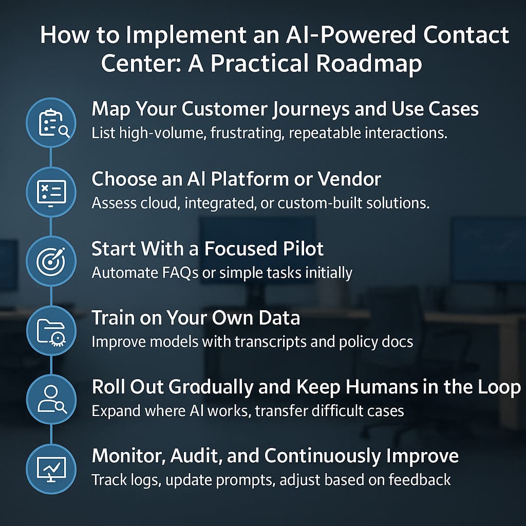A realistic illustration showing the step-by-step roadmap for implementing an AI-powered contact center, covering customer journey mapping, platform selection, pilot deployment, data training, gradual rollout, and continuous improvement.
