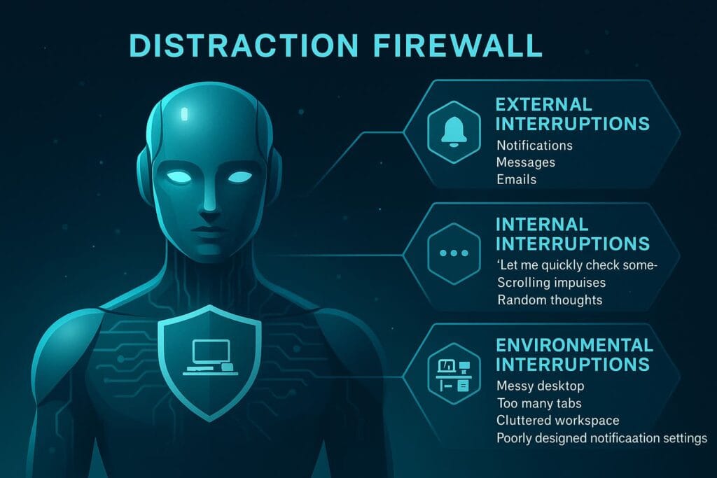 A realistic futuristic AI figure interacting with a glowing digital firewall, symbolizing protection from external, internal, and environmental distractions in a productivity workflow.