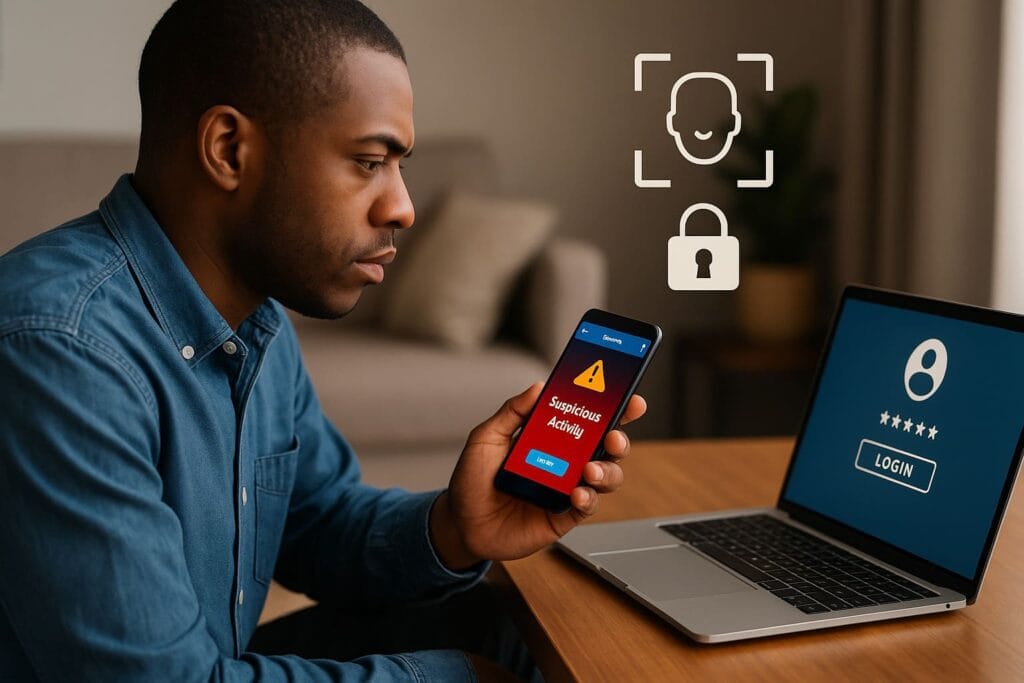 Man checking a smartphone alert about suspicious activity while an AI security system monitors his devices.