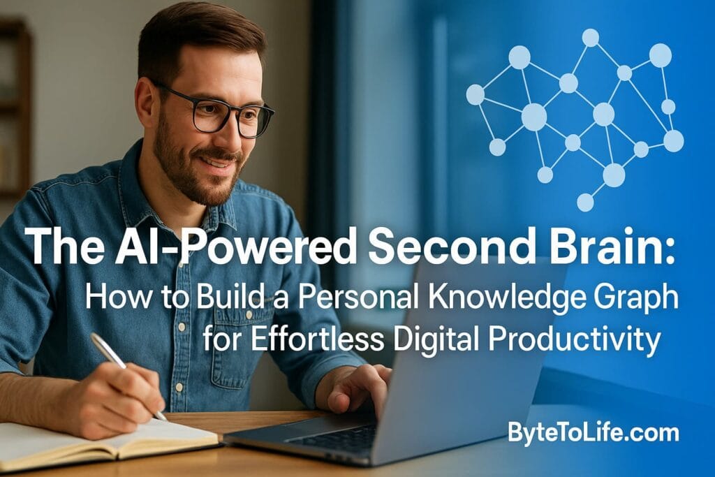 Realistic AI-powered second brain concept with a person using digital knowledge graph tools for productivity, ByteToLife.com branding in the corner.