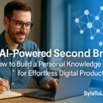 Realistic AI-powered second brain concept with a person using digital knowledge graph tools for productivity, ByteToLife.com branding in the corner.