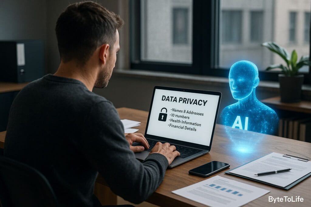 A researcher reviewing privacy and security warnings on a laptop while a glowing AI hologram highlights sensitive data protection risks.