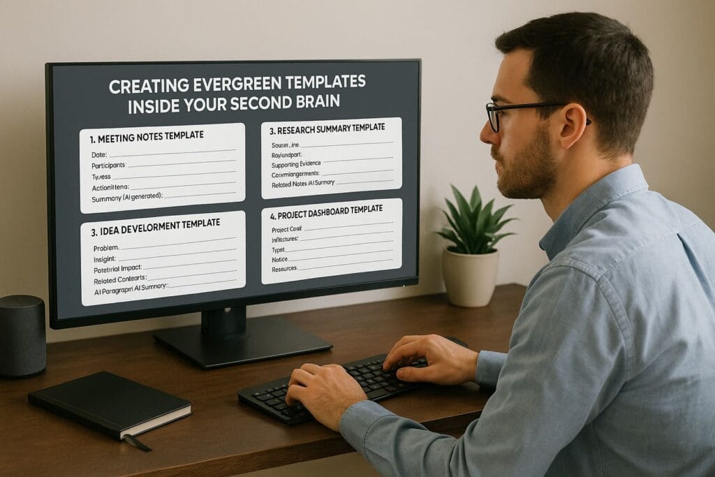 A realistic scene of a man working on a laptop with structured digital templates on the screen, representing evergreen templates used in an AI-powered Second Brain for improved productivity.