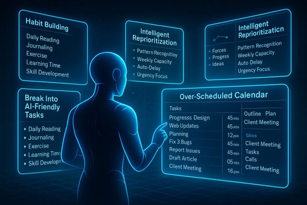 Futuristic AI holographic interface showing automated scheduling, atomic task breakdowns, habit tracking panels, and second-brain integration for advanced AI time blocking.