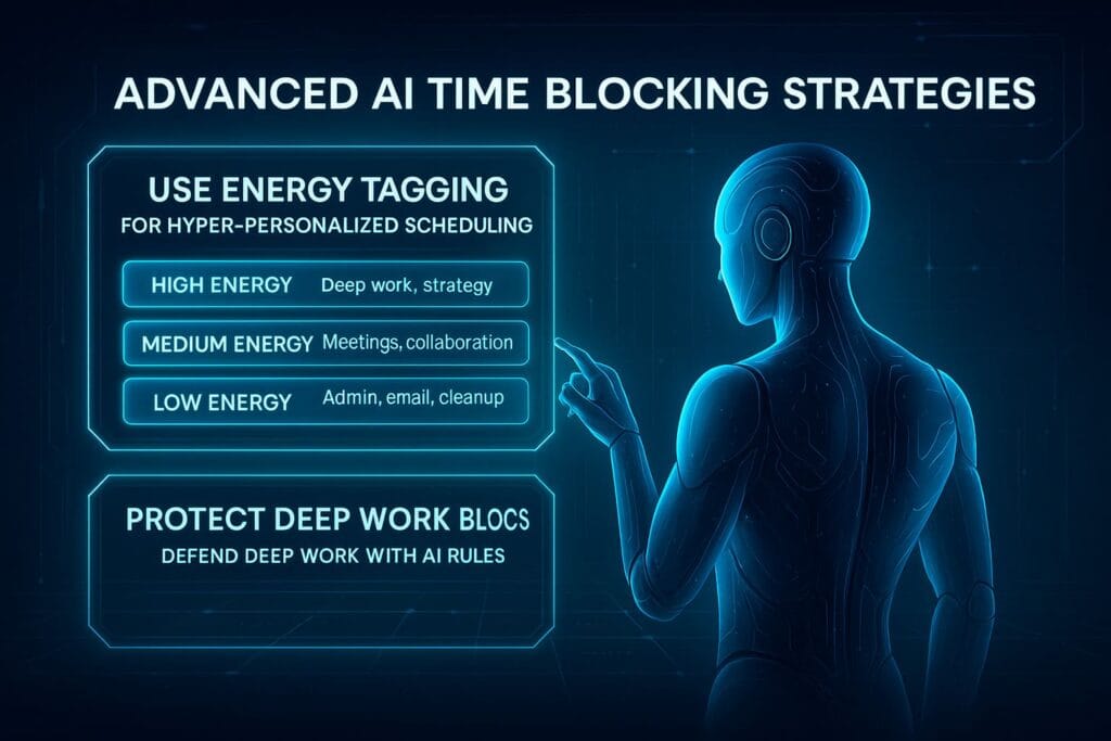 Futuristic AI holographic interface showing energy tagging levels—high, medium, and low—and deep work protection rules for advanced AI time blocking strategies.