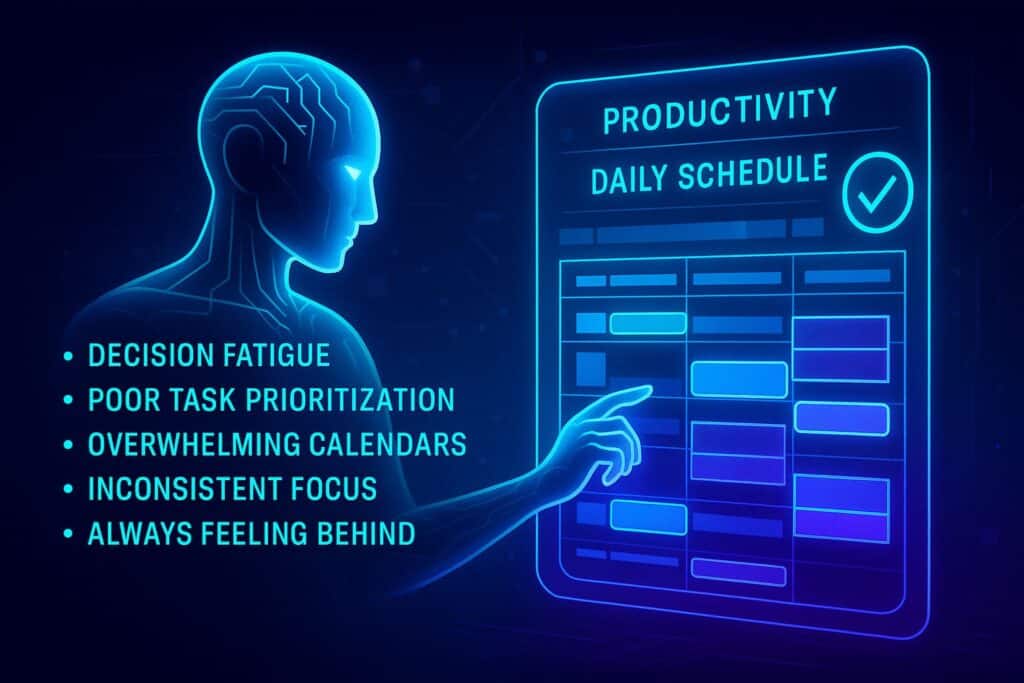 Futuristic AI figure interacting with a glowing digital schedule, illustrating how AI time blocking solves decision fatigue, poor prioritization, and overwhelming calendars.