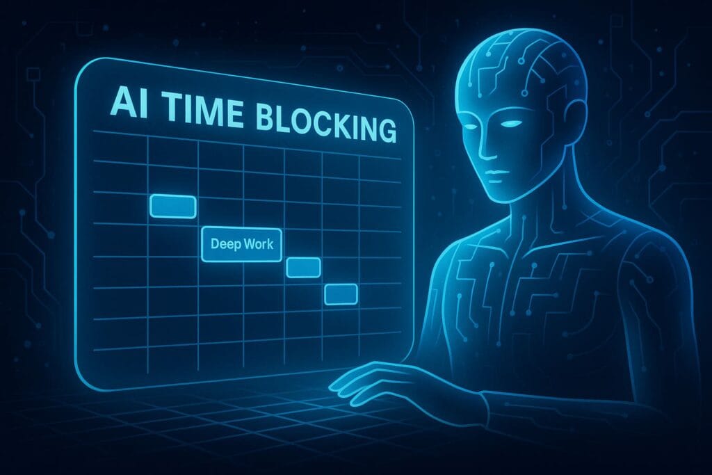 Futuristic AI figure interacting with a glowing digital calendar, representing automated time blocking for improved focus and productivity.