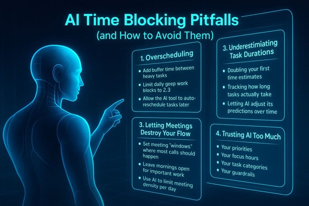 Futuristic AI figure reviewing holographic panels that display common AI time blocking pitfalls such as overscheduling, inaccurate task durations, meeting overload, and over-reliance on AI.