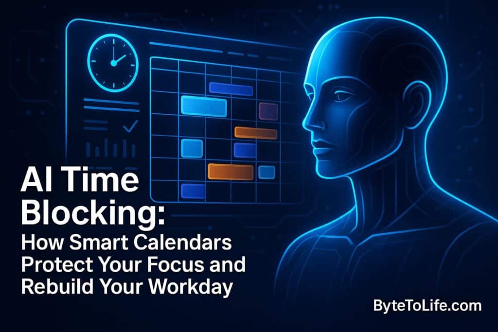 Futuristic AI interface managing a digital calendar with time blocks, illustrating how smart calendars improve focus and productivity.