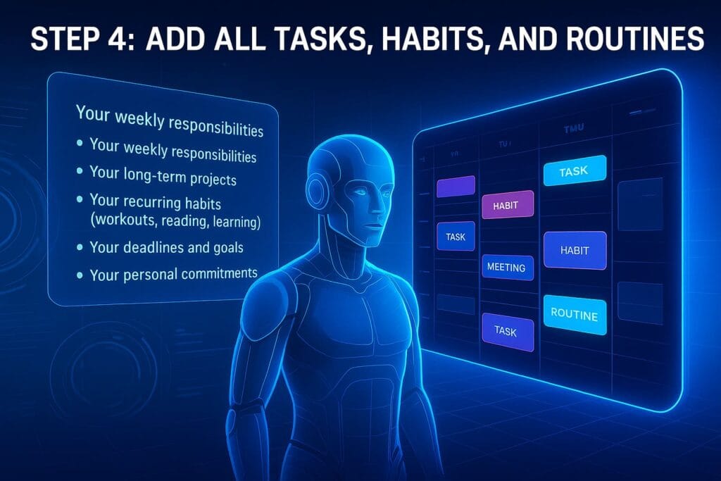 Futuristic AI figure interacting with holographic panels displaying tasks, habits, routines, responsibilities, and projects to illustrate automated time blocking.