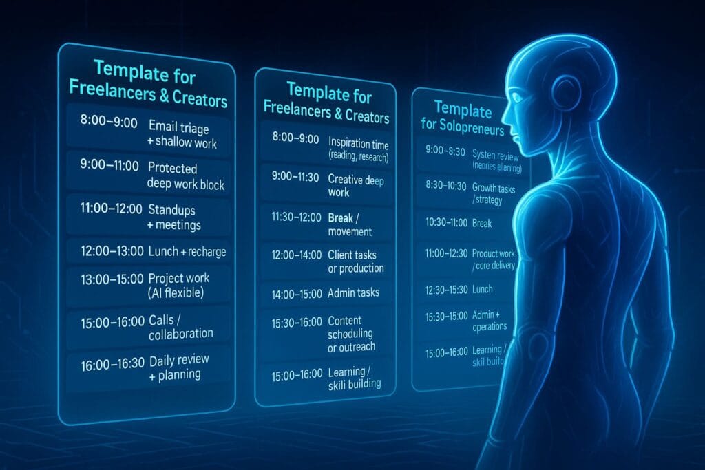 Futuristic digital interface displaying AI time blocking templates for remote knowledge workers, freelancers, creators, and solopreneurs using holographic schedule panels.