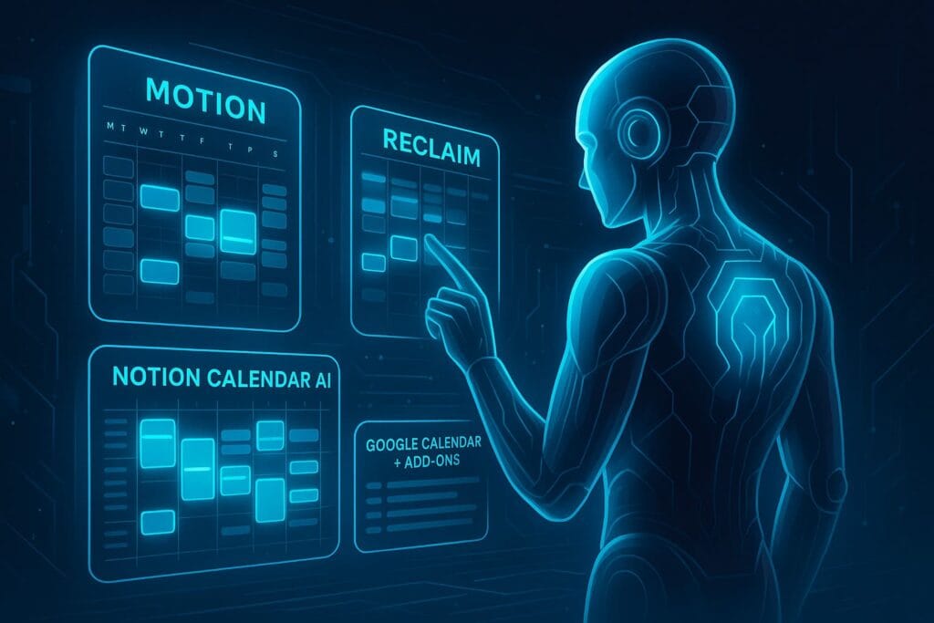 A futuristic AI figure interacting with holographic scheduling panels showing Motion, Reclaim, Notion Calendar AI, and Google Calendar as tools for AI time blocking.