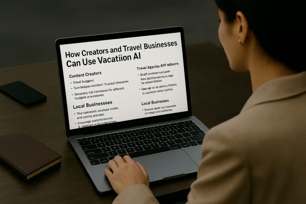 A woman working on a laptop using AI travel tools, representing how creators, travel agencies, and tourism businesses can use Vacation AI to generate itineraries and improve client services.