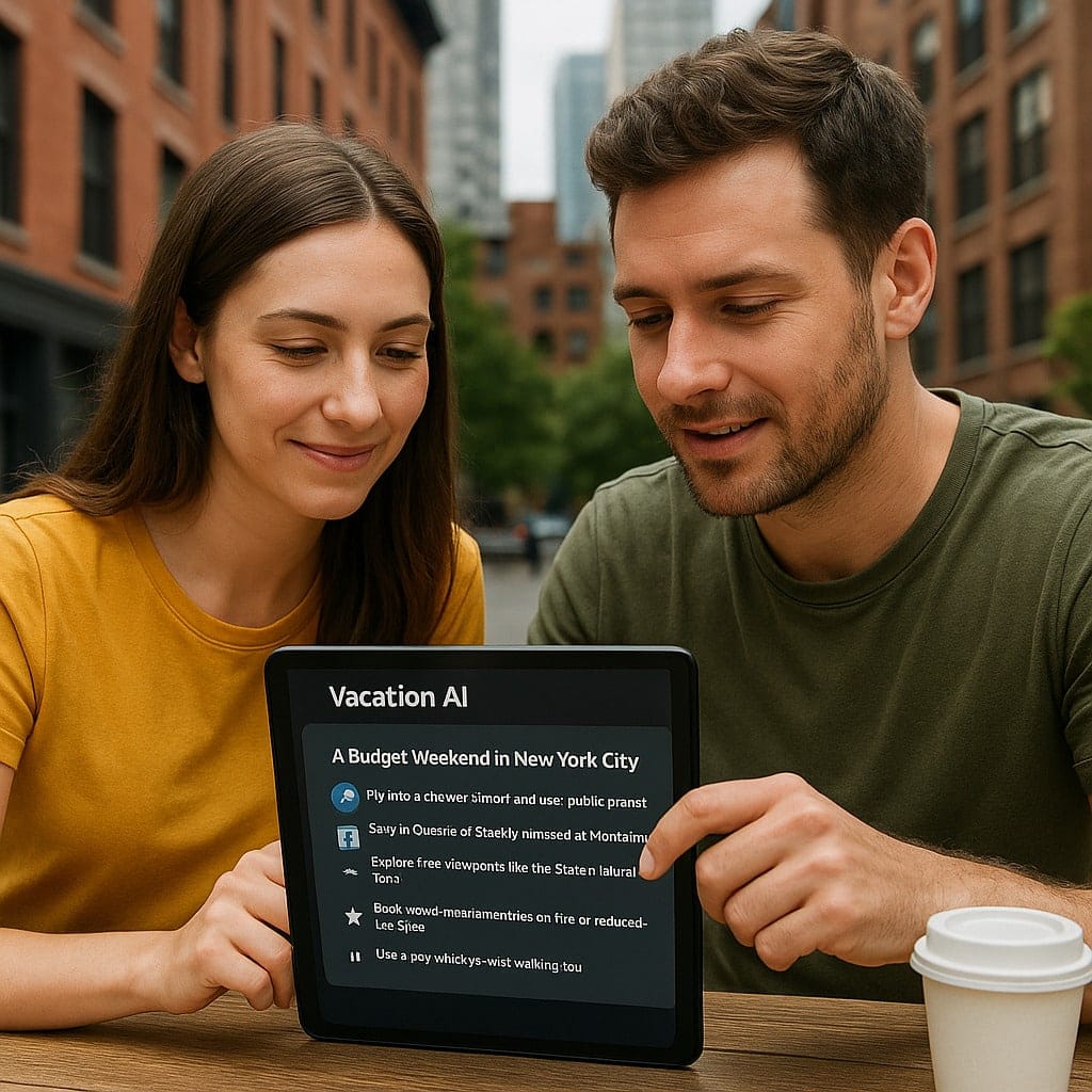 A young couple planning a budget weekend trip using an AI travel planner on a laptop, representing real-life Vacation AI scenarios such as New York City, West Coast road trips, and family travel planning.