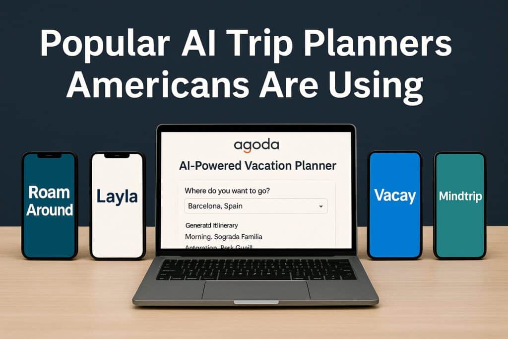 A display of popular AI trip planners, including Roam Around, Layla, Vacay, Mindtrip, and Agoda’s AI-powered vacation planner, shown on smartphones and a laptop.