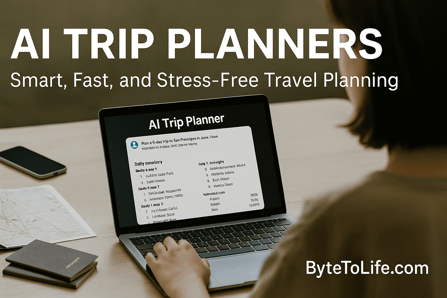 A person using an AI trip planner on a laptop to generate a smart, fast, and stress-free travel itinerary, with ByteToLife.com branding on the image.