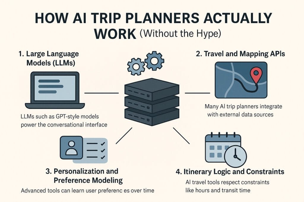An infographic explaining how AI trip planners work, covering large language models, travel and mapping APIs, personalization modeling, and itinerary logic.