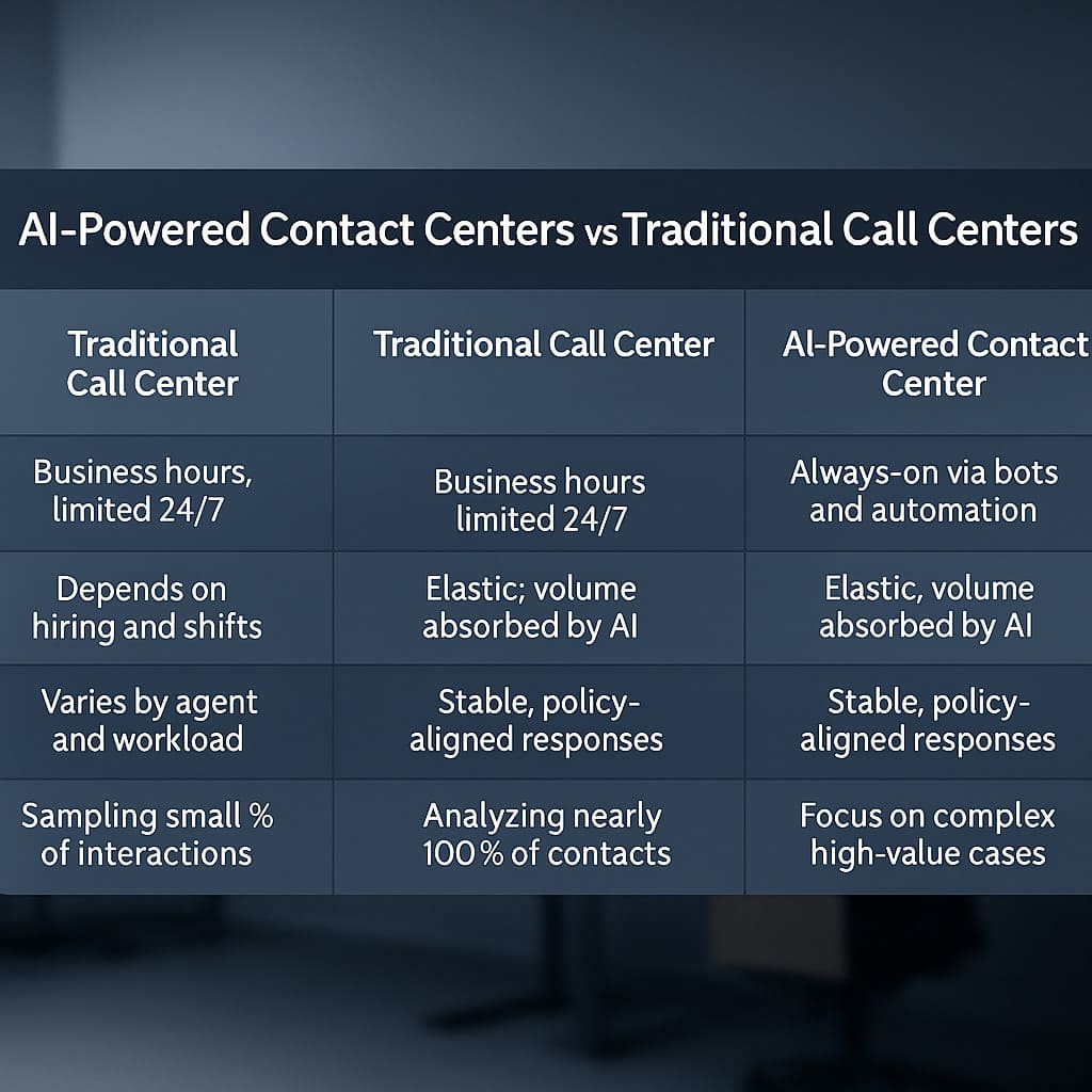 A realistic comparison chart showing key differences between traditional call centers and AI-powered contact centers, highlighting availability, scalability, consistency, data insight, and agent roles.