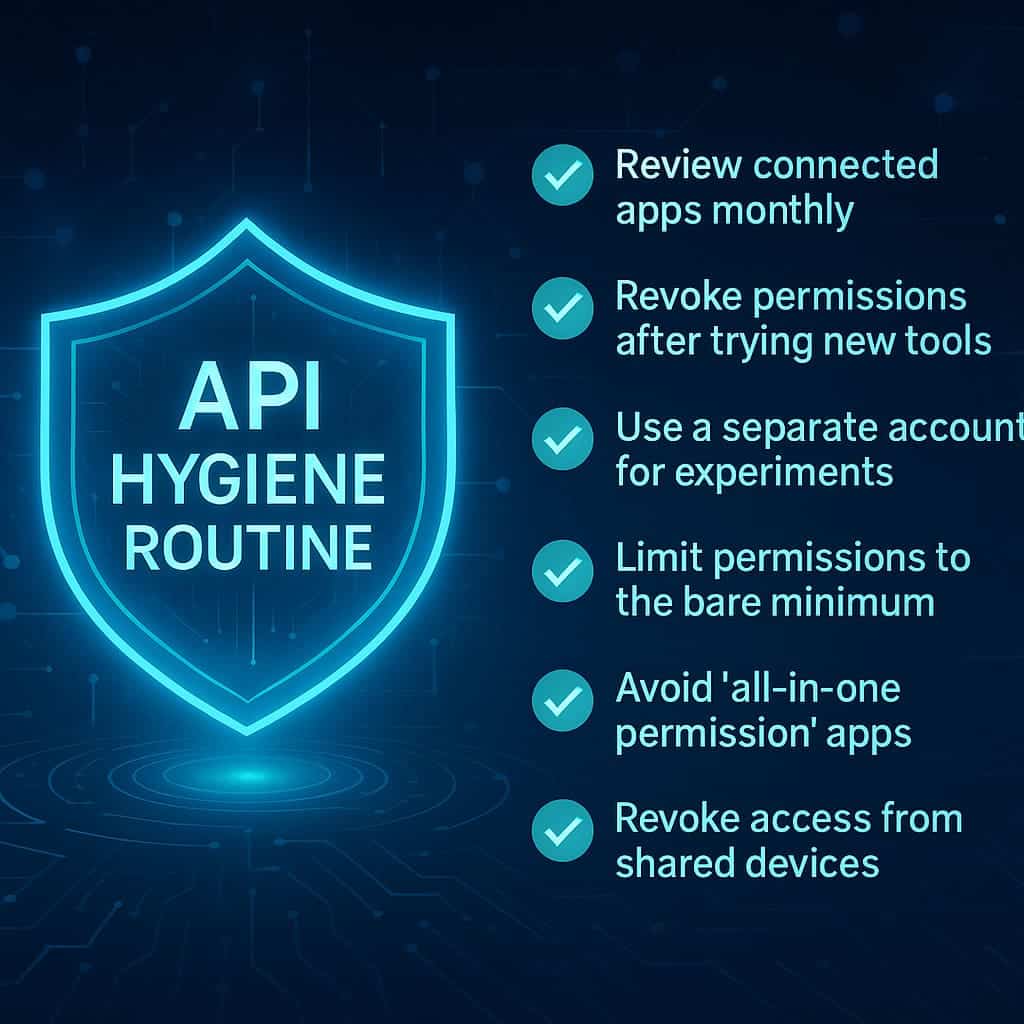 Futuristic cybersecurity illustration showing API hygiene steps such as reviewing connected apps, revoking permissions, limiting access, and using sandbox accounts