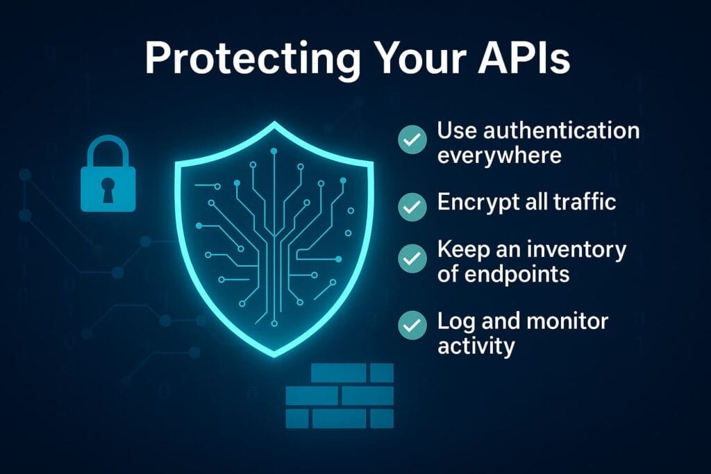 Cybersecurity illustration showing API protection methods for small teams, including authentication, encrypted traffic, endpoint inventory, API gateways, and activity monitoring