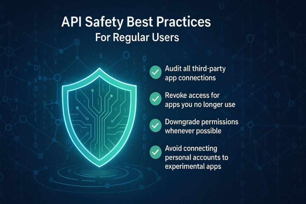 Cybersecurity graphic showing API safety best practices for regular users, including auditing app connections, revoking unused access, downgrading permissions, and avoiding risky apps
