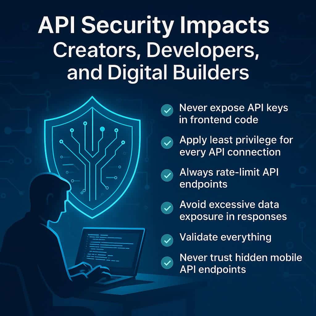 Cybersecurity illustration showing a developer working on a laptop with a glowing shield icon, representing API security risks such as exposed keys, excessive permissions, and unsafe endpoints