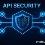 Futuristic API security shield with glowing cyber network lines showing hidden data connections and digital protection